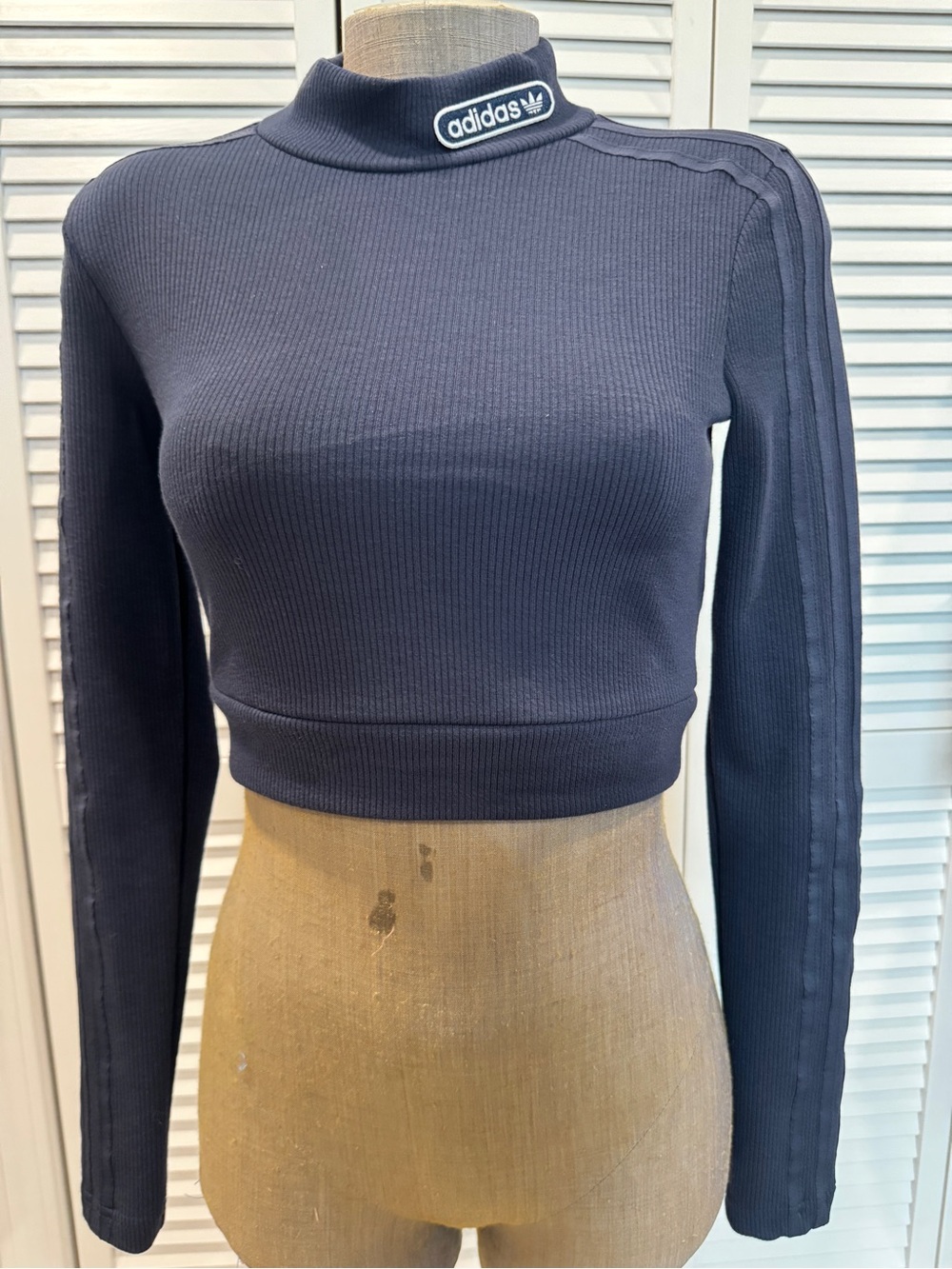 adidas Navy Ribbed Long‑Sleeve Crop Top with Mock Neck